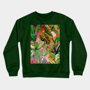 Stylish Tropical floral leaves and foliage botanical illustration, botanical pattern, tropical plants, orange yellow leaves pattern over a Crewneck Sweatshirt